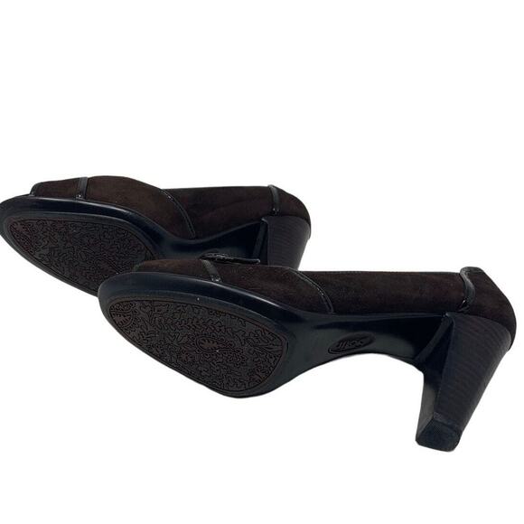 SOFT brown leather suede heels crossed peep toes shoes size 8.5 - Picture 5 of 8